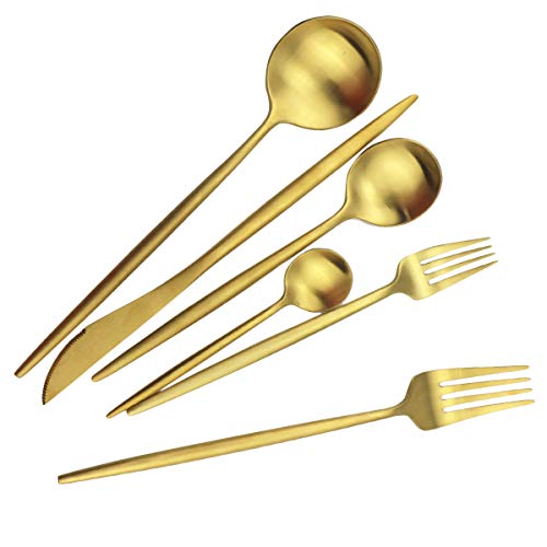 Gugrida Golden Stain Flatware, Modern 6 Pieces Matte Gold 304 Stainless Steel Dessert Fork Salad Fork 7.2", Camping Dinnerware Set Tableware Wedding Festival Christmas Eating Utensils #TOP6