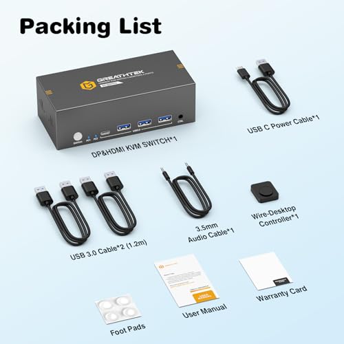 Image of 8K HDMI+Displayport KVM Switch 3 Monitors 2 Computers 8K@60HZ /4K@144HZ USB3.0 KVM Switcher 2 Ports for 2 PC /Laptop Sharing Keyboard&Mouse and 2 Screens, Wired Controller Included,EDID Adapative