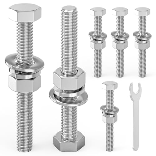 Image of 6PCS 1 /2-13 x 3-1 /2 inch 304 Stainless Steel Fully Threaded Bolt with Nut Flat & Lock Washers and Spanner