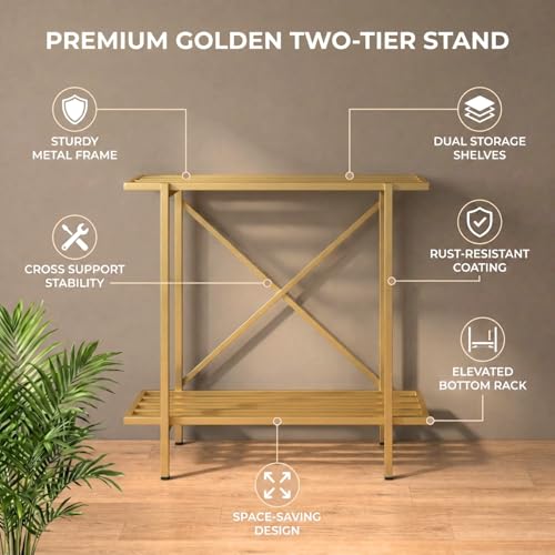 Image of ecofynd 2-Tier Fish Tank Stand, Double-Layer Aquarium Stand with Adjustable Table Feet, Heavy Metal Storage Rack Suitable for Home and Office, (Gold, FS-PS050)