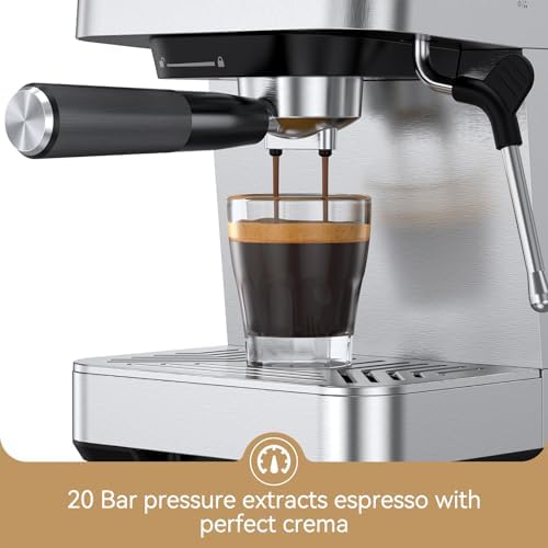 RIOSKY Espresso Machine with Temperature Display, 20 Bar Compact Espresso Maker with Milk Frother for Home, Stainless Steel Coffee Machine with 50oz Removable Water Tank for Cappuccino, Latte, Silver - 4