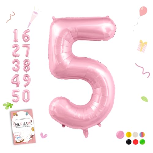 Image of 40 Inch Pink Number 5 Balloon, 5th Birthday Decoration Boys Girls