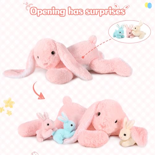 Image of MaoGoLan 4Pcs Giant Bunny Stuffed Animal with 3 Babies Inside, 24 inch Easter Bunny Plush Toys, Soft and Cuddly Pink Stuffed Rabbit Gift for Kids,Girls,Boys,Teens