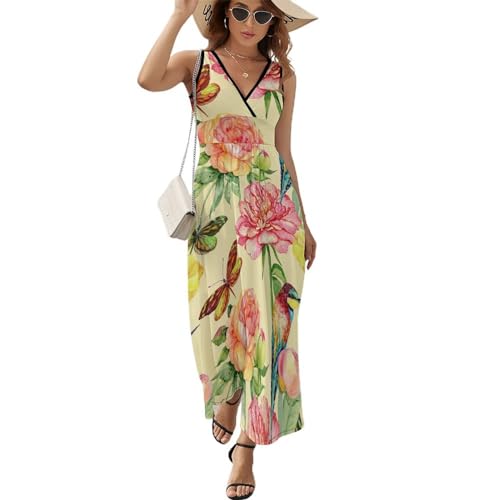 Robe longue d'été sans manches au motif oiseau papillon et coupe fluide
