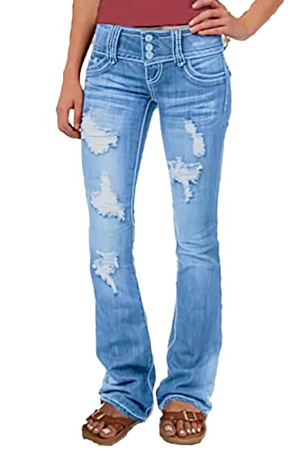 Women's Ripped Low Rise Bootcut Jeans Classic Stretchy Wide Leg Denim Pants Flared Denim Trousers