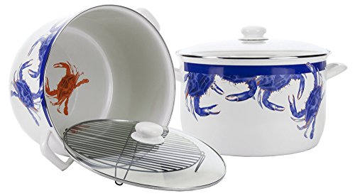 Golden Rabbit Enamelware - Blue Crab Pattern - 18 Quart Stock Pot with Rack