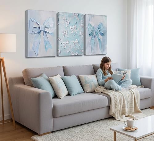Image of 3Pcs Trendy Blue Bow Canvas Wall Art Vintage Cute Preppy Watercolor Bow Painting Pictures Wall Decor Posters Prints Girly Aesthetic for College Apartment Bedroom Decoration