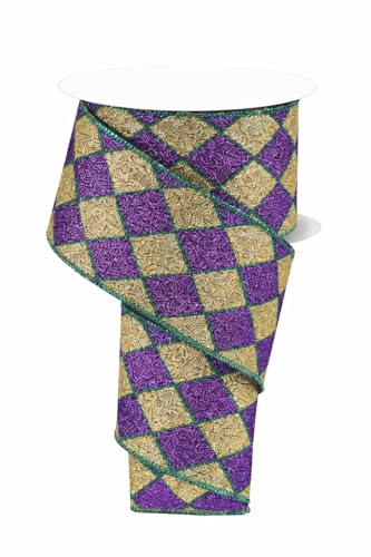 Image of Harlequin Glitter Diamonds Wired Ribbon - 2 1 /2 inch x 10 Yards, Purple and Gold Glitter Diamonds, Green Accents, Mardi Gras Decor, Fat Tuesday, Hanukkah, Holiday Garland, Gifts, Wrapping, Wreaths, Bows