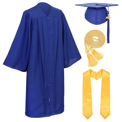D DODOU Unisex Adult Matte Graduation Cap and Gown Set with Honor Cord Gold Stoles for College School Bachelor Graduates (Royal Blue 45)