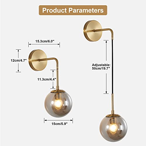 Image of KCO Lighting Modern Glass Globe Wall Sconce Minimalist Gold Wall Mounted Sconce Light with Smoke Grey Lampshade Round Wall Lamp for Bathroom Mirror Bedroom (Smoke Grey-2PC)