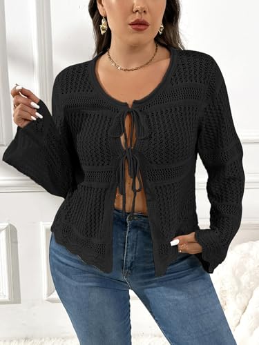 Image of MakeMeChic Women's Plus Size Cardigan Sweater Crochet Bow Tie Front Knit Outerwear Plus Black 1XL