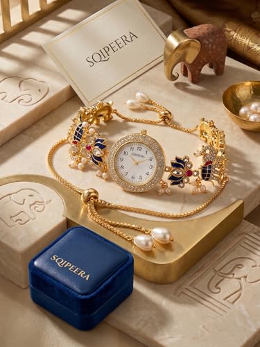 Image of Kashmiri Watch for Women | Gold Tone Round Dial | Crystal Studded Floral Design | Adjustable Chain Traditional Ethnic Jewellery Gift