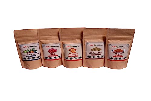 Aru Herbal Natural Hair and Skin Care Combo Pack – Natural Shampoo Powder, Rose Petals, Ubtan Powder, Orange Peels, and Multani Mitti Pack of 5 (50 g each)