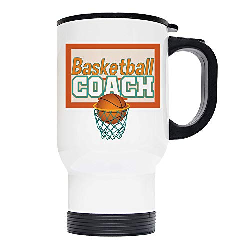 Mystic Sloth Sports Family - Tazas de café de acero inoxidable de 14 onzas, color blanco (baloncesto, entrenador)