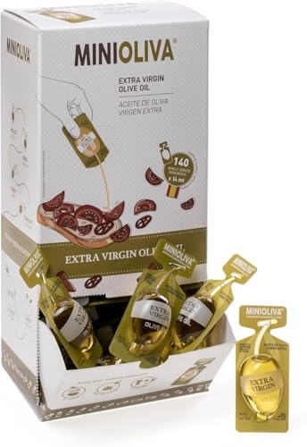 MINIOLIVA Dispensador de Aceite de Oliva Virgen Extra | 140 Cápsulas Individuales de 14 ml | Ideal para Casa, Oficina, Viajes, Restaurantes y Uso Diario