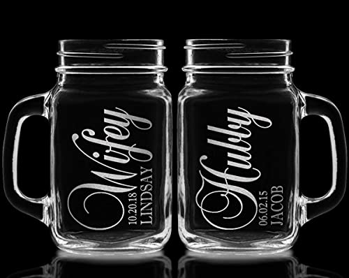 Hubby And Wifey Set Of 2 Personalized Mason Jars Drinking Mugs Personalized Custom Etched For Wedding, Engagement Anniversary Bridal Party Gift Of Favor For Newlyweds Couple Laser Engraved #TOP3