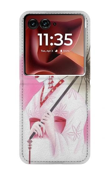 Étui Motorola Razr 70 Ultra en cuir premium motif Geisha finition artisanale haut de gamme