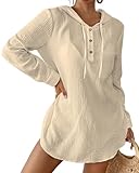 Bsubseach Swimsuit Coverup for Women Cotton Long Sleeve Swimwear Cover Ups Hooded Shirt Beachwear Beige S