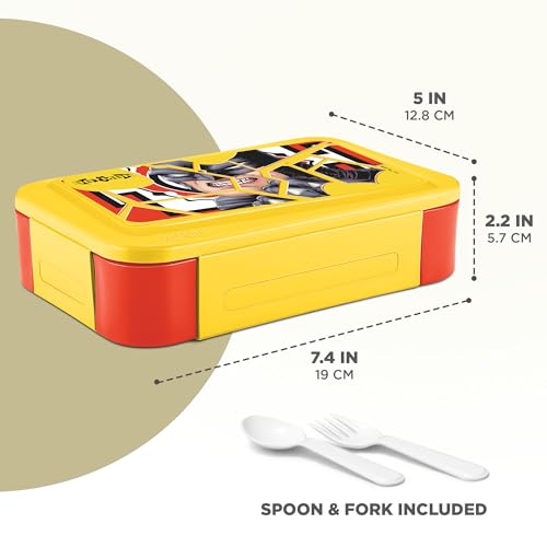 Image of MILTON Berry Tiffin Lunch Box for Kids Boys & Girls with Leak-Proof Inner Container| Food Grade,BPA Free,Compact & Durable Snacks Box for Kids I Plastic Spoon & Fork, 850 ml, Batman Print, Yellow