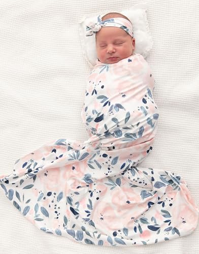 Image of Baby Receiving Blanket Swaddle Blanket Infant Wrap with Matching Headband Beanie and Name Card (Ink and Pink)