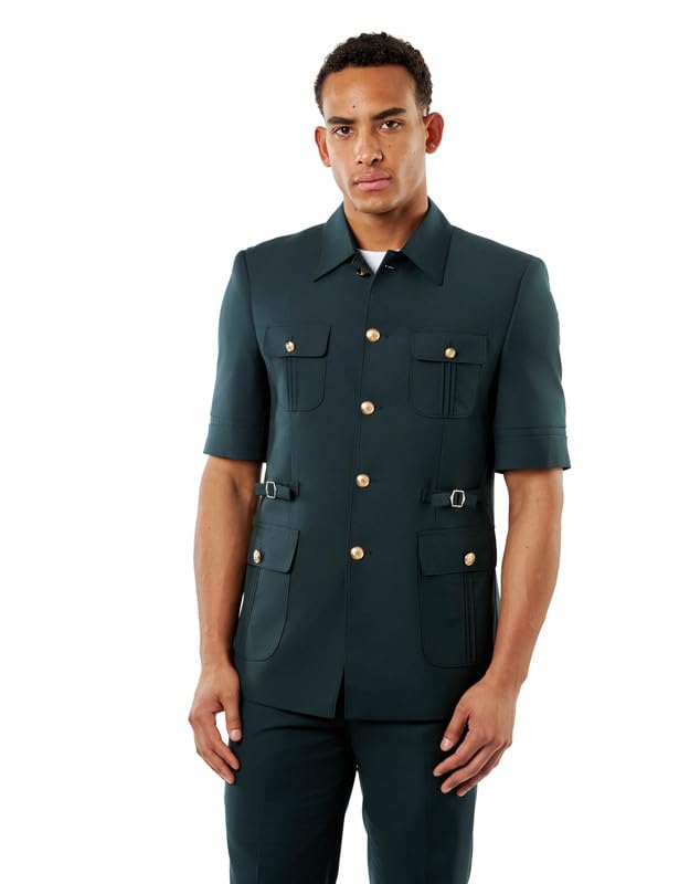 Xposed Completo da Uomo, Modello Safari, Verde Foresta Intenso, Elegante e Casual, Estivo, Composto da Due Pezzi, Giacca Militare a Maniche Corte e Pantaloni