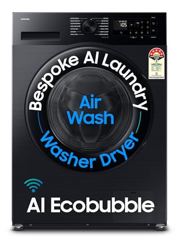 Image of Samsung 12 kg (Wash) / 7 kg (Dry), 5 Star, AI EcoBubble, AI Energy Mode, Air Wash, Super Speed, Hygiene Steam, Wi-Fi, Digital Inverter, Fully-Automatic Front Load Washer Dryer (WD12FG5B34BBTL, Black)