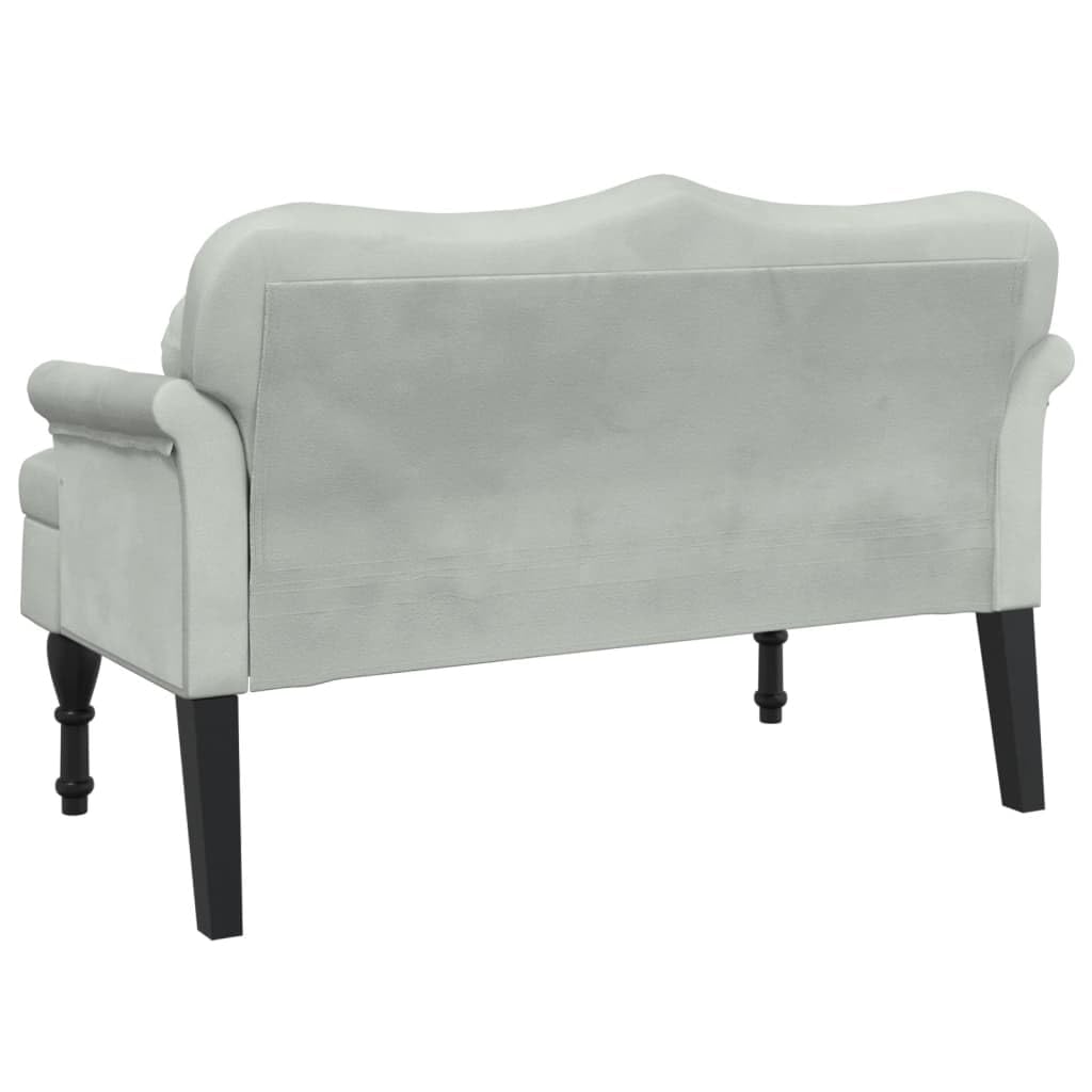Banco de terciopelo gris claro, 120,5 x 65 x 75 cm, con cojín, banco acolchado con acolchado grueso, respaldo y reposabrazos, cierre de botones y patas de madera de madera maciza de caucho