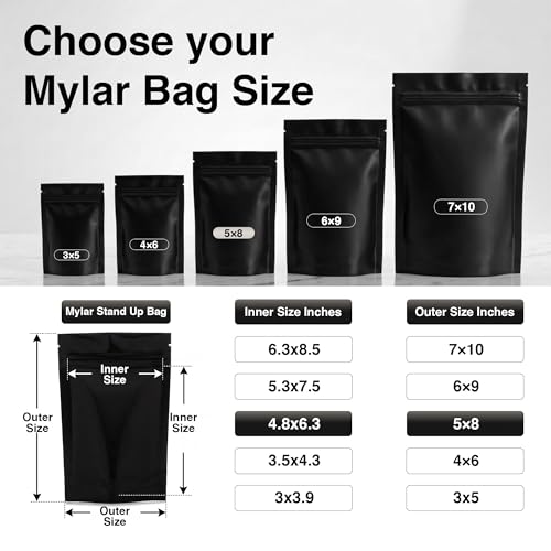 Image of BELLE KR 100pcs Black Mylar Bags with Gusseted Bottom - Extra Thick 3.937 Mil - 5 inchx8 inch Resealable Stand Up Mylar Ziplock Bags with Label Stickers