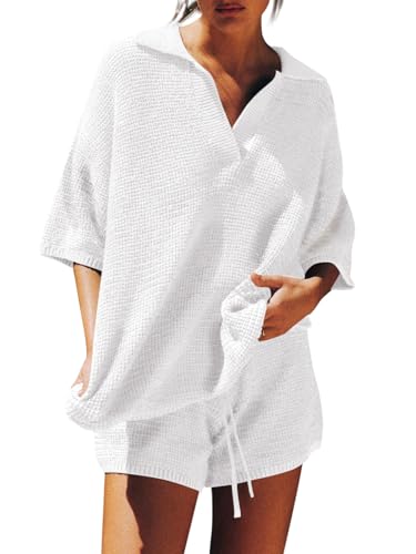 Image of Tankaneo Womens Sweater Set 2 Piece Outfits Oversized 3 /4 Sleeve V Neck Knit Tops High Waisted Shorts Lounge Sets