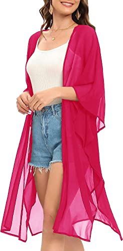Image of Indian Trendy Women's Solid Puff Sleeve Kimono Long Cardigan Loose Cover Up Casual Blouse Top Chiffon