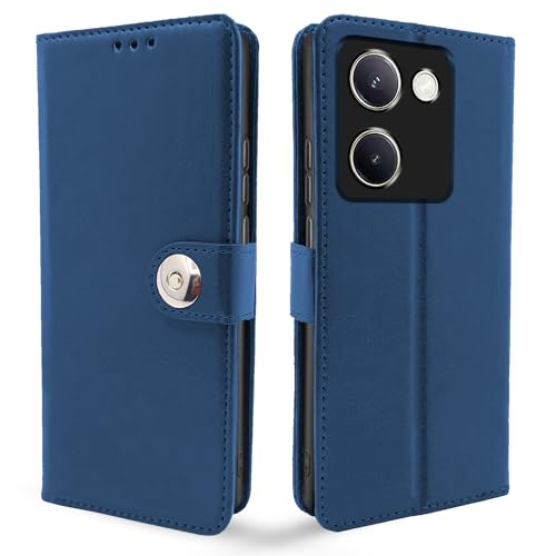Image of Pikkme Vivo Y200 Pro 5G Flip Cover Leather Finish | Inside TPU with Card Pockets | Wallet Stand and Shock Proof | Complete Protection Button Flip Case (Blue)