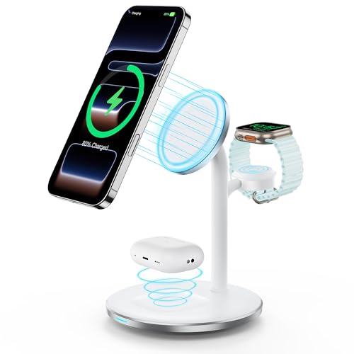 RoRoSkin Station de Charge inductive, Chargeur de Station de Charge sans Fil 3 en 1, Chargeur sans Fil Compatible avec Chargeur Mag Safe pour iPhone 16 15 14 iWatch Ultra 2/1,Series 10/9