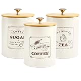 Youeon Metal Canisters Sets for the Kitchen, 40 Oz Coffee Sugar Tea Container Set, Farmhouse Style, Food Storage Containers with Lids for Countertop, Cabinet, Coffee Bar Decor, Beige