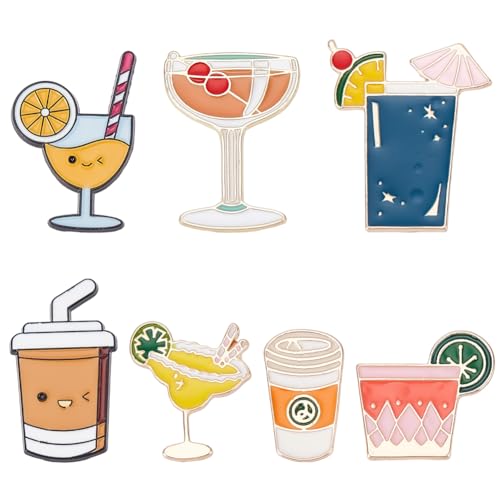 SUNNYCLUE 1 caja de 7 broches Esmaltados de 7 estilos para Bebidas, Broches de Verano de Aleación de Metal Dorado para Playa, Cócteles, Jugos, Cafés, Insignias, Broches de Solapa para Chaquetas, Mochi