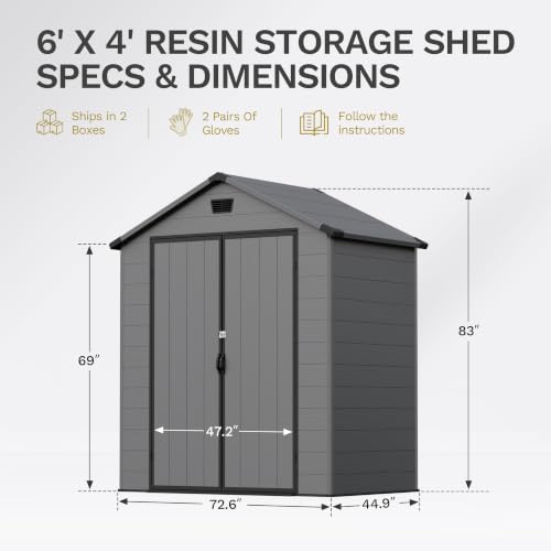 Image of Devoko 6X4 FT Plastic Outdoor Storage Shed with Floor, Dark Gray | Resin Tool Sheds with Lockable Door and Window, Weather-Resistant Garden Shed, Easy Assembly for Backyard, Patio, Lawn