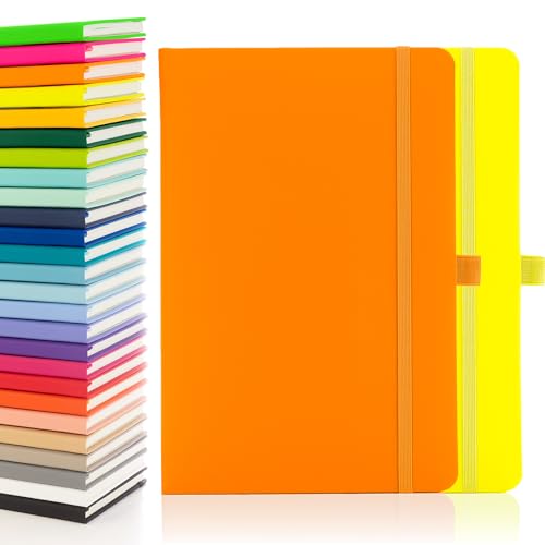 Notes London 2 quaderni Eco A5 con pagine a righe, passante per penna, nastro, segna data e tasca per carta, diario medio con copertina rigida, note, carta di provenienza sostenibile (giallo neon e
