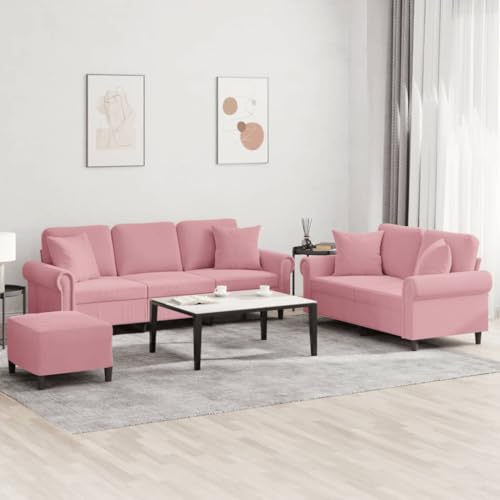 Teenpull 3-TLG. Sofagarnitur, Rosa Samt, Robustes Metallgestell, Bequeme Polsterung, 2-Sitzer, 3-Sitzer, Fußhocker, Wohnzimmer Möbel Set