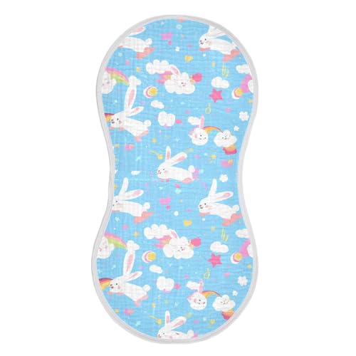 Cute White Bunnies Muslin Burp Cloths 22x11 Inch - 4-Layer Organic Cotton & TPU Waterproof Lining, Absorbent Baby Bibs for Boys/Girls with Hanging Loop
