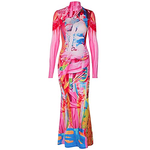 Women's Long Sleeve Bodycon Dress Unique 3D Print Sexy Body-Shaping Party Clubwear Long Maxi Pencil Dress