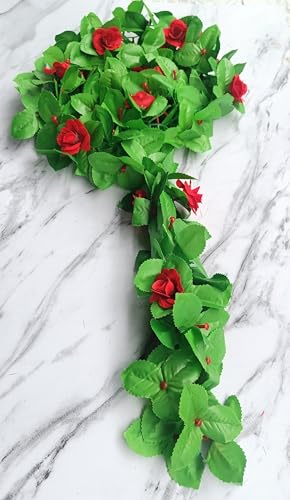 Image of VRB Dec 1 Pcs Artificial Flowers Vine Blossom /Roses Garland Fake (6 ft) Flowers Fabric Roses /Blossom Garland for Wedding Decor Diwali /Ganpati /Garden Wall Valentine (Red Rose Leaf Garland)
