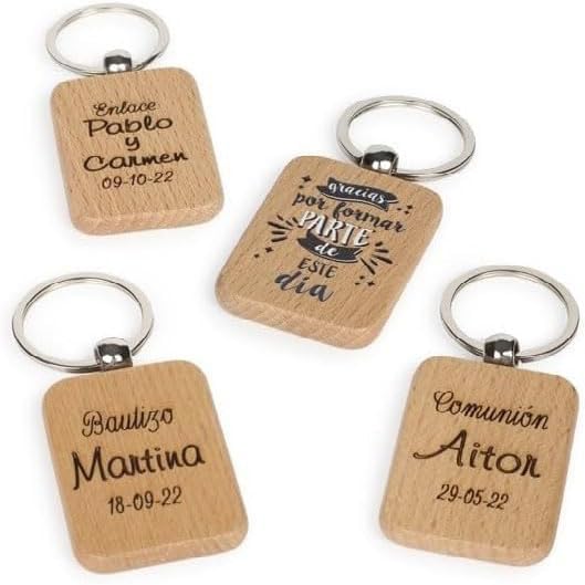 Genérico Llaveros de Madera Personalizados rectangulares - Llaveros Originales - Llaveros Personalizados - Regalos de Empresa - Detalles de Boda - Comunión - Bautizo. (50)