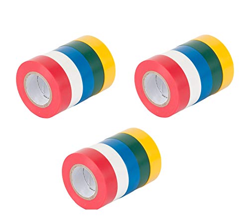 Gardner Bender GTPC-550 Electrical Tape, ½ in x 20 ft, Durable, Easy-Wrap, Flame Retardant, 5 Pk, Red, White, Blue, Green, Yellow (½ Inch x 20 Ft Roll, 3 Pack of Assorted)