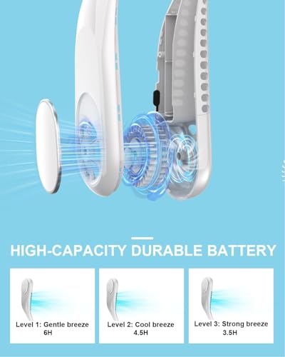 Ueuttiy Portable Neck Fan Bladeless, 6000mAh Hands-Free Usb Rechargeable Fan, Personal Fan with 3 Speeds Change & 360° Twist, Low Noise Hanging Neck Fans For Women Men Office Outdoor Activities（White） - 3