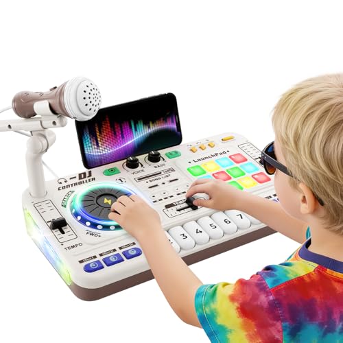 Table de mixage DJ enfant, contrôleur DJ, platine DJ, DJ mixer avec fonction d’enregistrement, microphone, 100+ effets sonores, platine DJ réaliste pads...