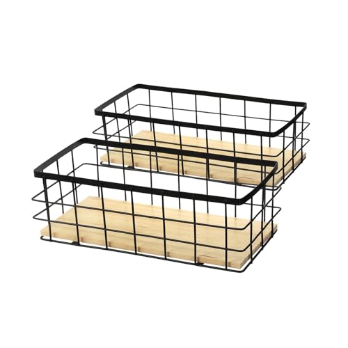 Hniuyun Black Metal Wire Storage Baskets, Farmhouse Wall Decor Storage Organizer Bin with Floating Shelves for Kitchen Cabinets, Pantry, Laundry Room, Bathroom Countertop, Set of 2