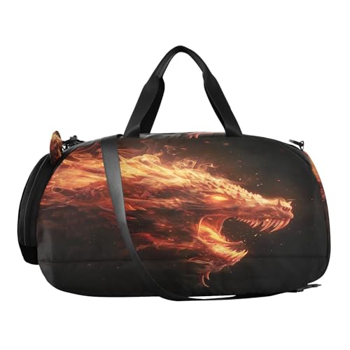 YETTASBIN Sport Travel Duffel Bag for Girls Boys, Fire Dragon Large Waterproof Weekender Overnight Bag, Detachable Shoulder Strap Gym Bag with Shoe Compartment & Wet Pocket2