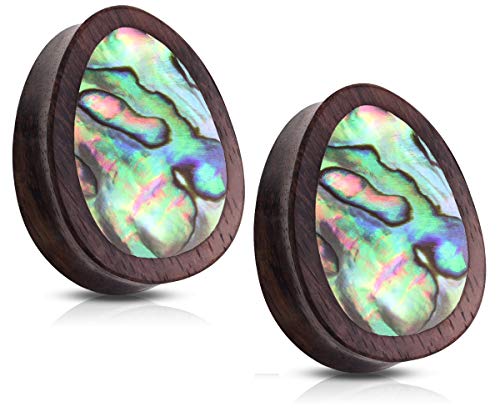 Pierced Owl - Abalone Inlaid Sono Wood Tear Drop Saddle Plugs, Sold as a Pair