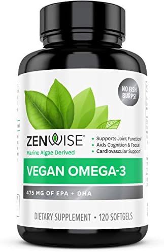 Zenwise Vegan Omega-3 Plant Based Fish Oil Alternative Marine Algal Source for EPA and DHA Fatty Acids - Burpless Supplement for Brain Health, Joint Support, Immune System, Heart & Skin - 120 ct