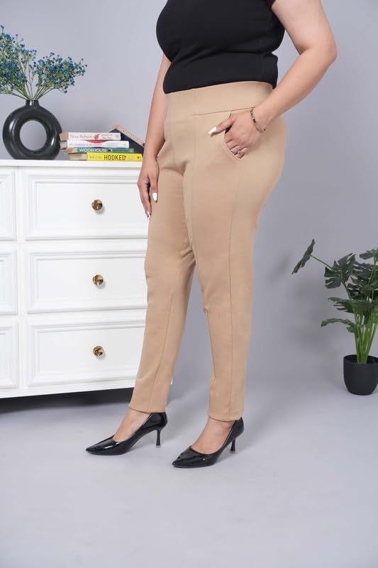 Image of Mlada Women's Solid Cotton Lycra High Waist Ankle Length Tummy Tucker Jeggings Trouser with 2 Side Pockets | Office Wear Summer Pants | Regular Fit, Stretchable, Comfortable & Stylish Everyday Bottoms