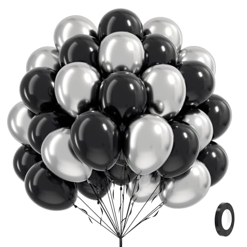 Image of 12inch Black and Silver Balloons with Black Metallic Silver Balloons | Graduation, Birthday Party Decorations for Men